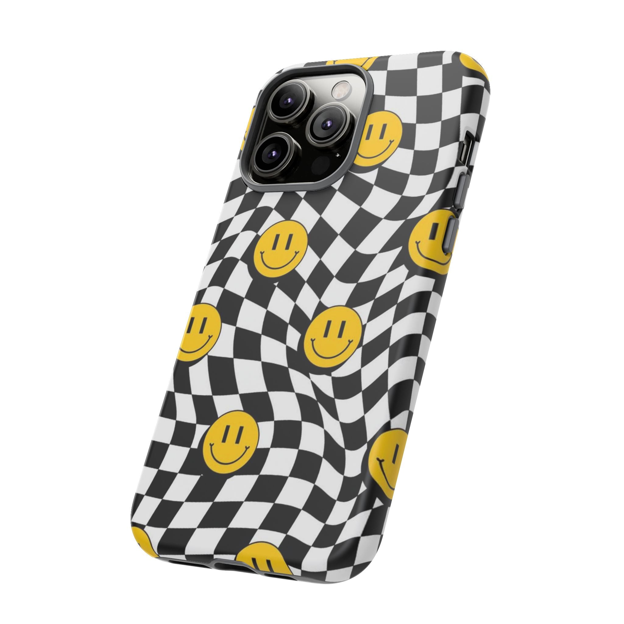 Smiley Checkerboard Tough Phone Case — Retro Wavy Black & White Design