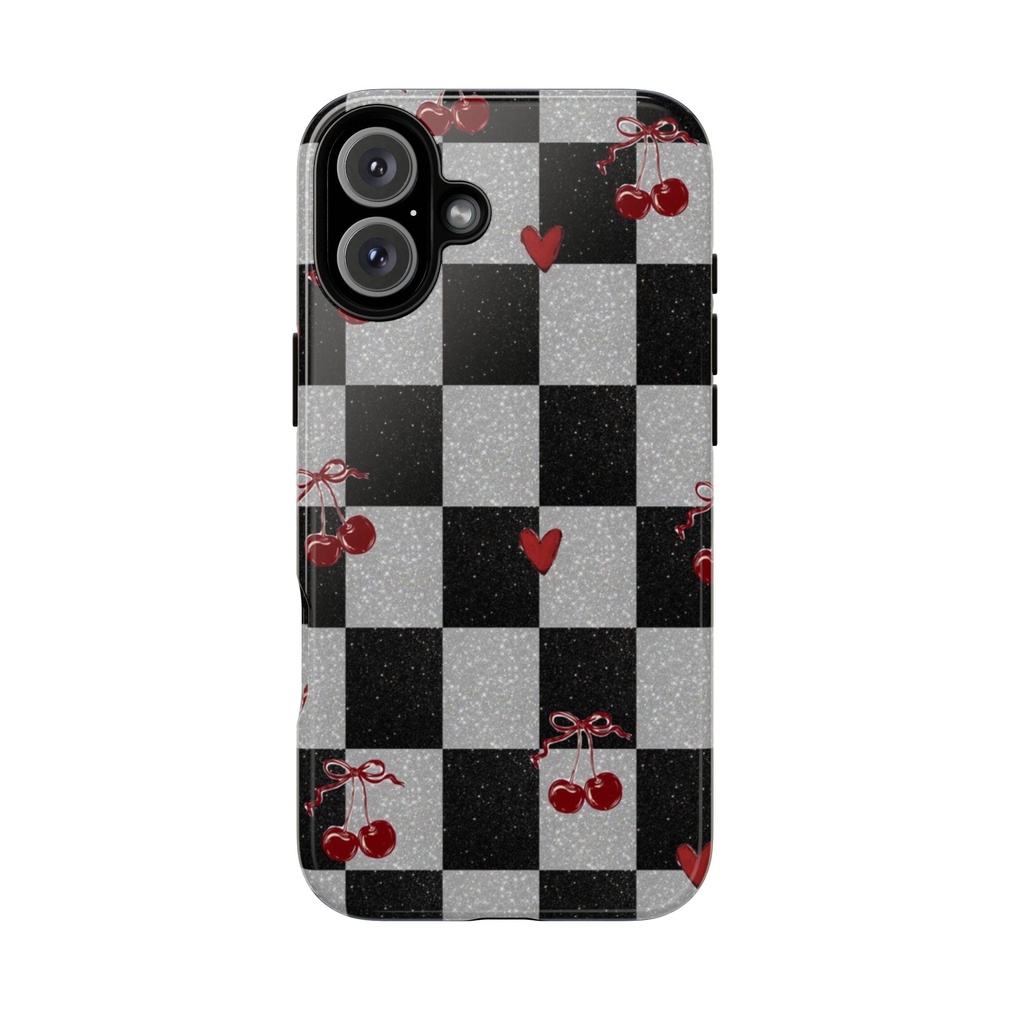 Cherry Checker Phone Case — Retro Black & White Plaid with Red Hearts
