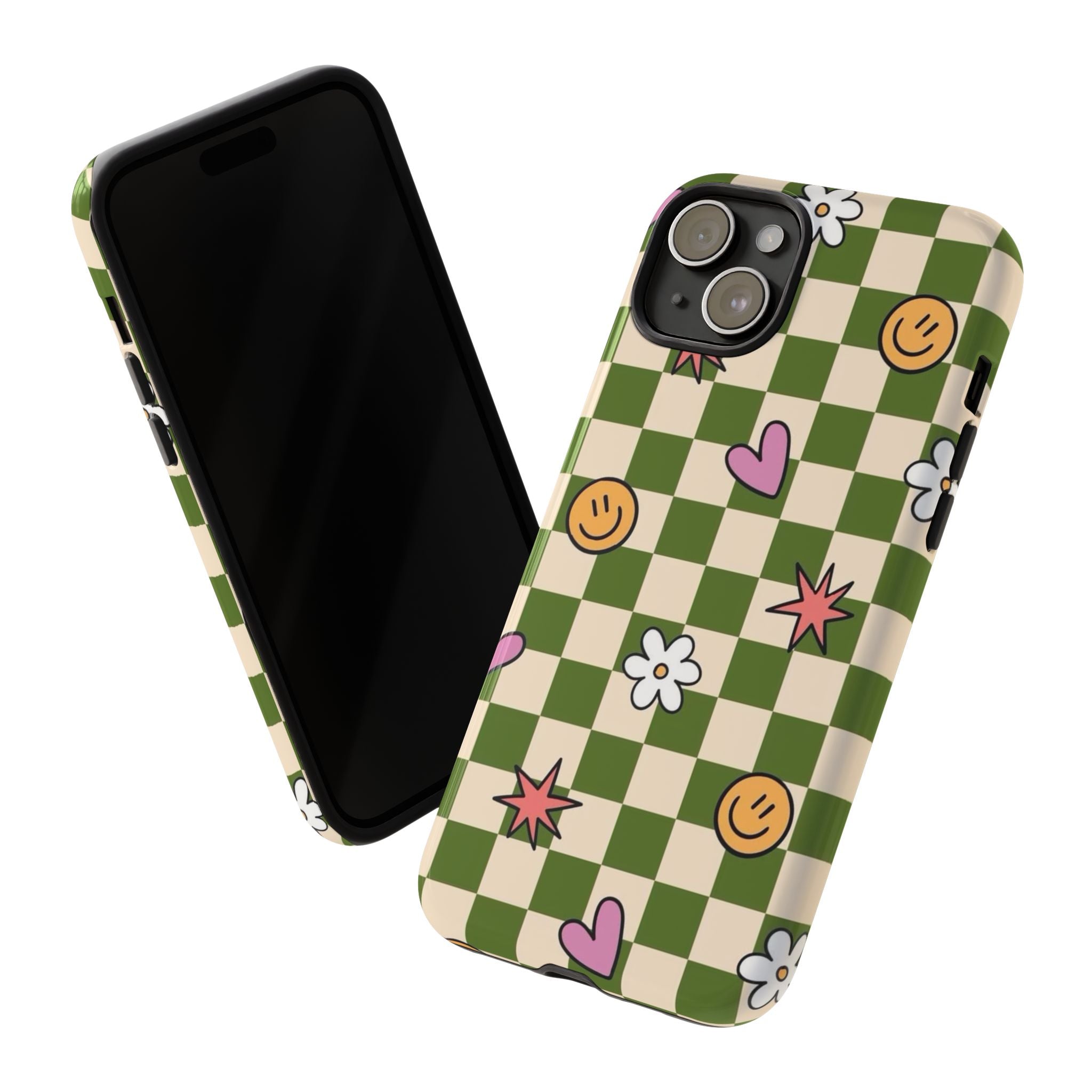 Green Checkered Floral & Smile Phone Case — Cute Heart, Daisy & Smile Pattern