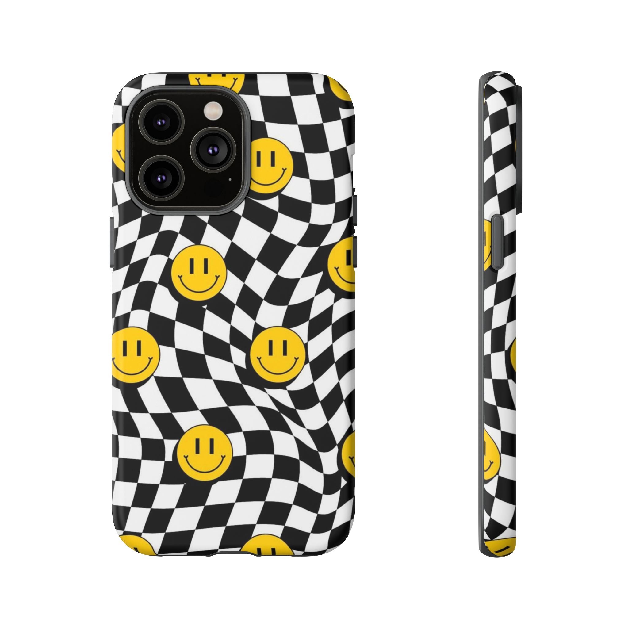 Smiley Checkerboard Tough Phone Case — Retro Wavy Black & White Design