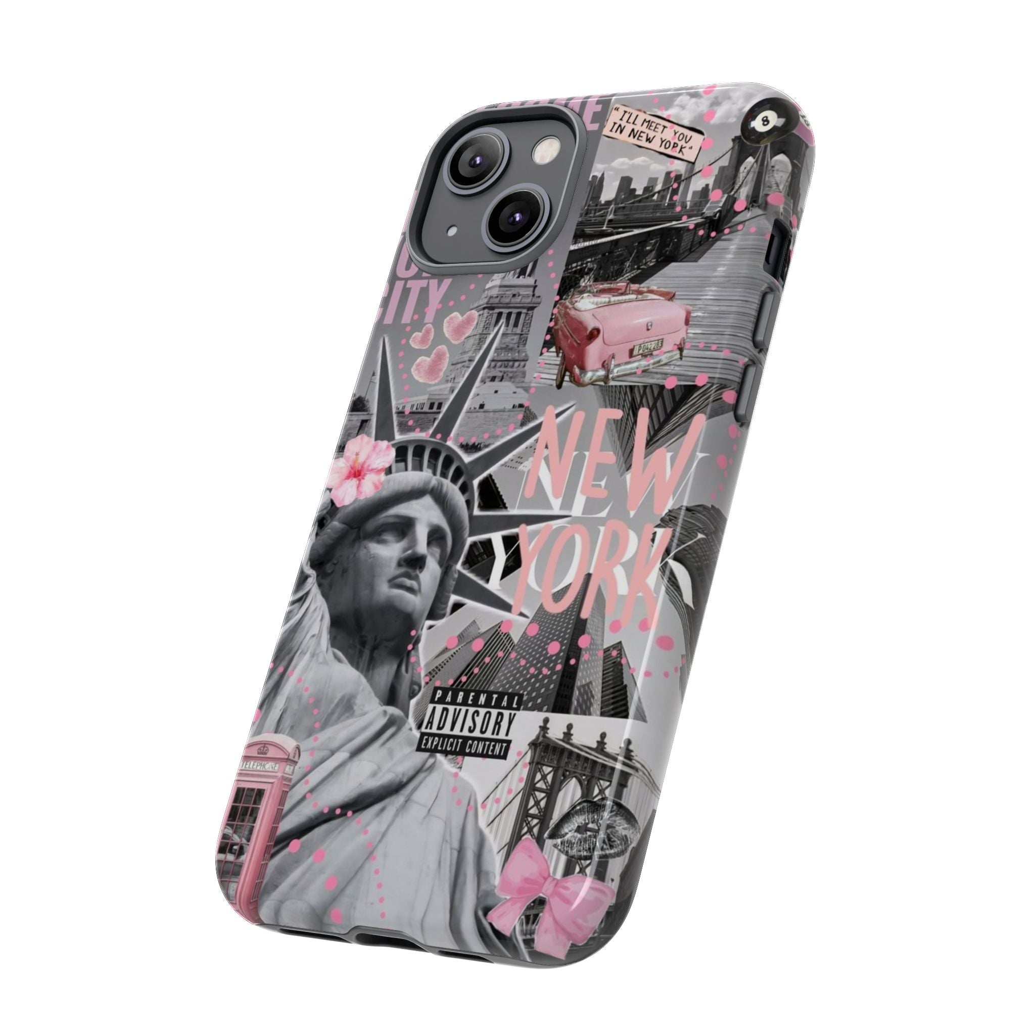 New York Collage Phone Case — Pink Retro Statue of Liberty Design