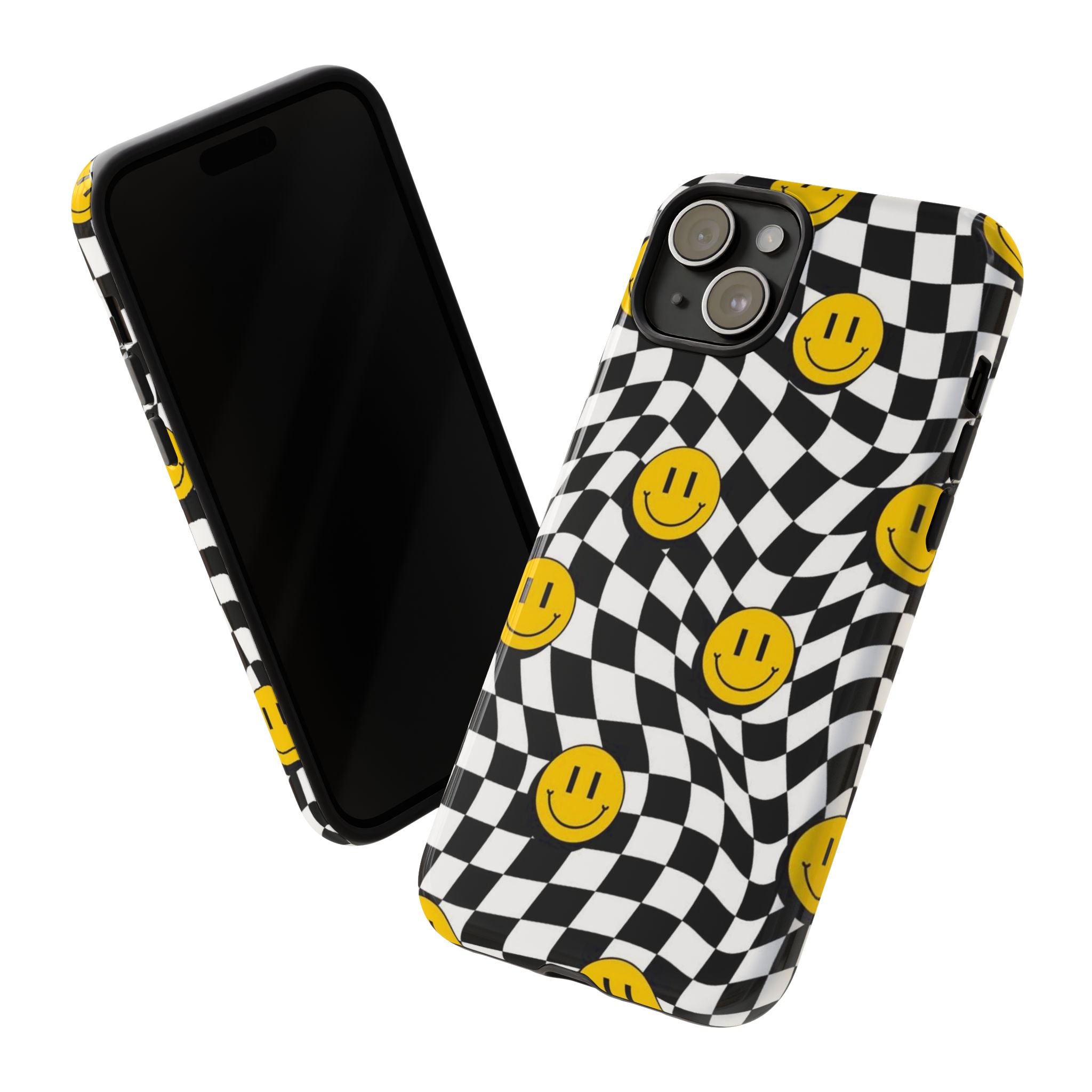 Smiley Checkerboard Tough Phone Case — Retro Wavy Black & White Design