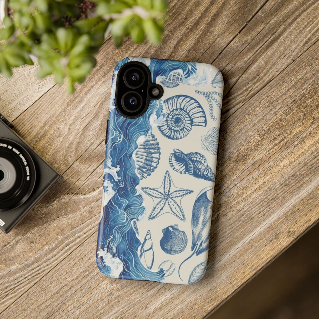 Ocean Shells Tough Phone Case — Blue Nautical Seashell iPhone Cover