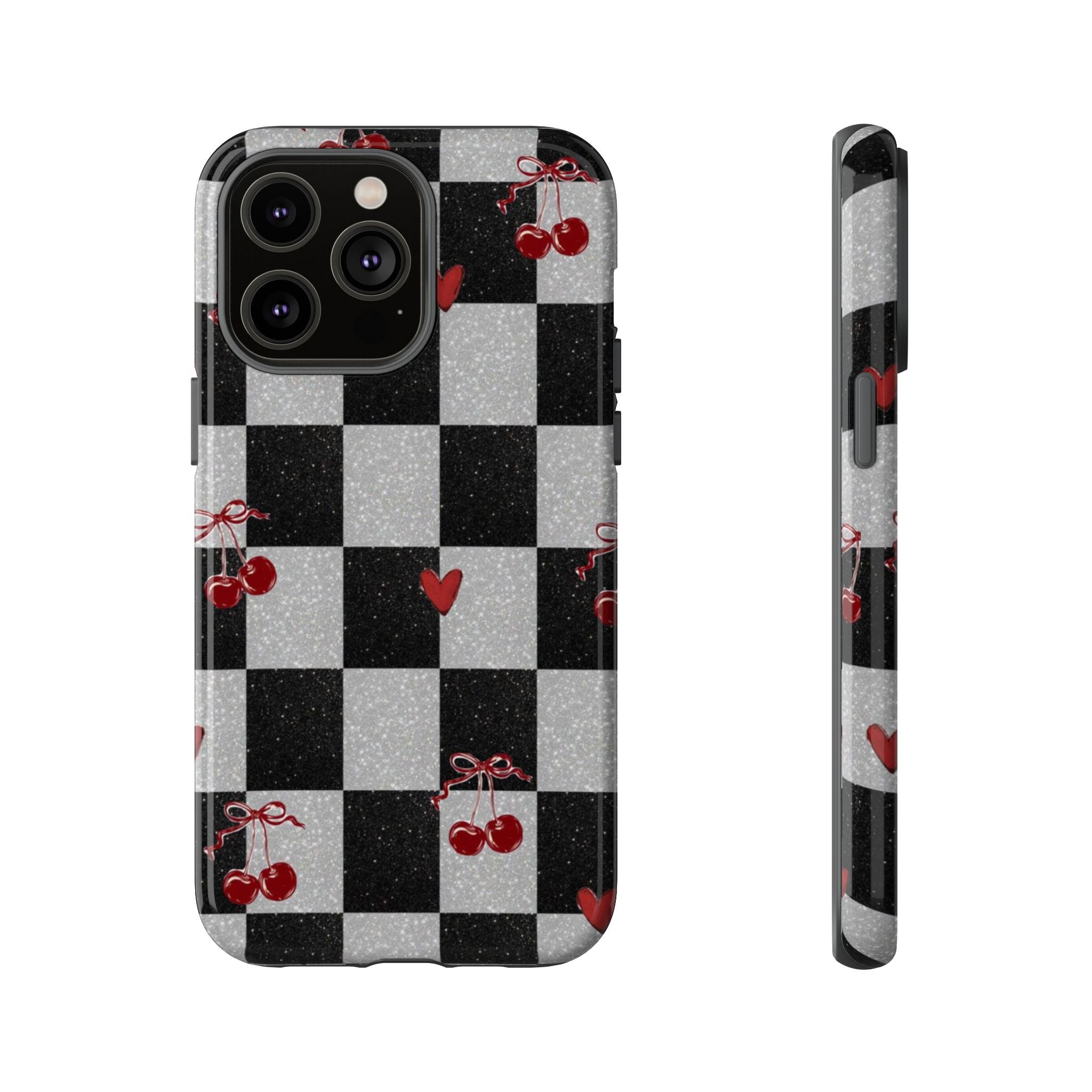 Cherry Checker Phone Case — Retro Black & White Plaid with Red Hearts