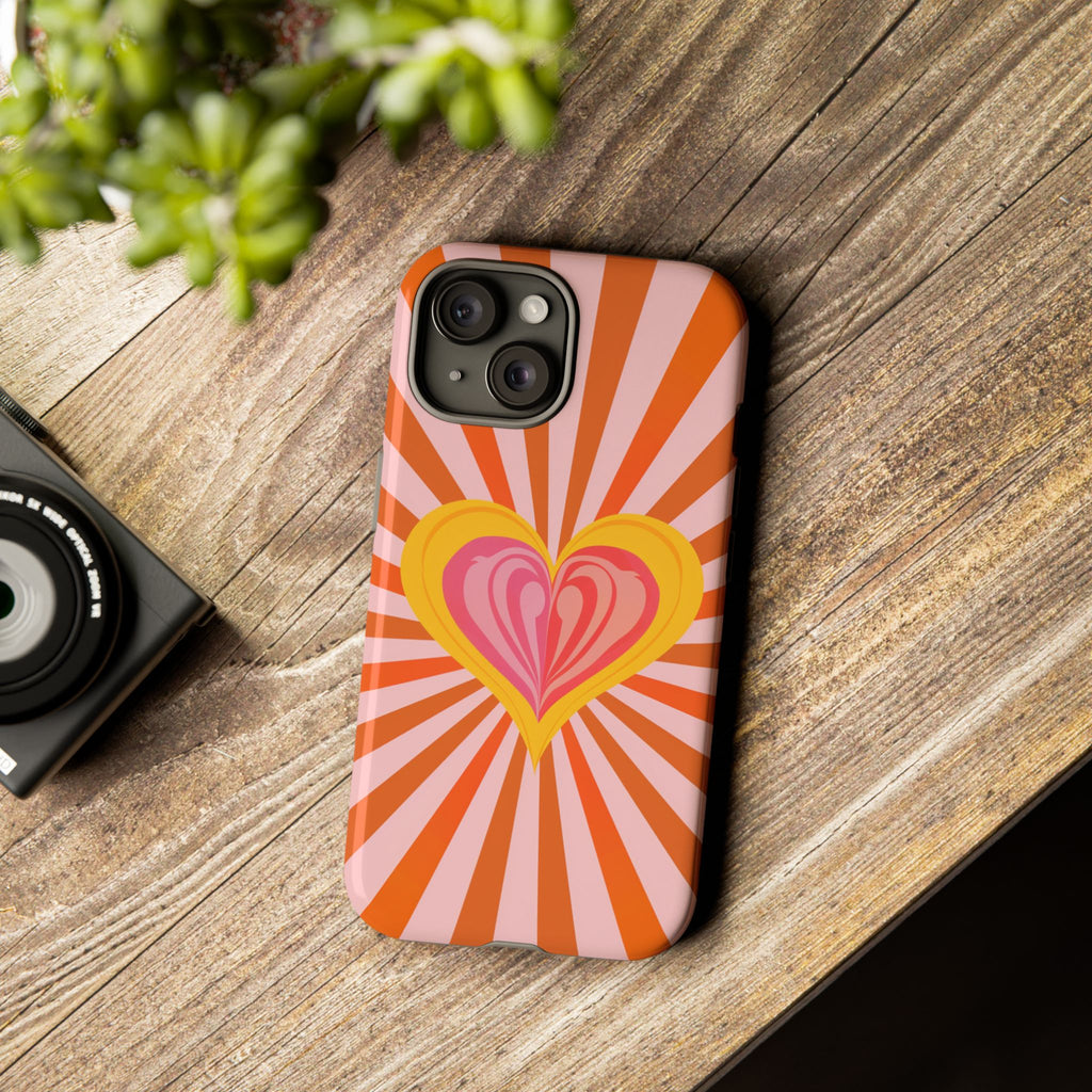 Retro Heart Phone Case — Vibrant Orange Sunburst Tough Case