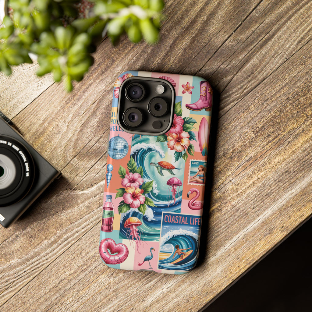 Coastal Collage Phone Case — Retro Beach Surf Floral Design
