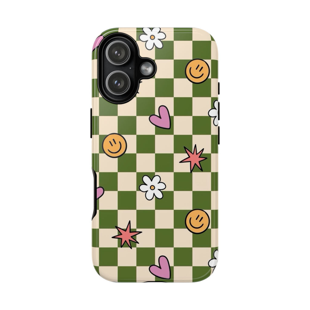 Green Checkered Floral & Smile Phone Case — Cute Heart, Daisy & Smile Pattern