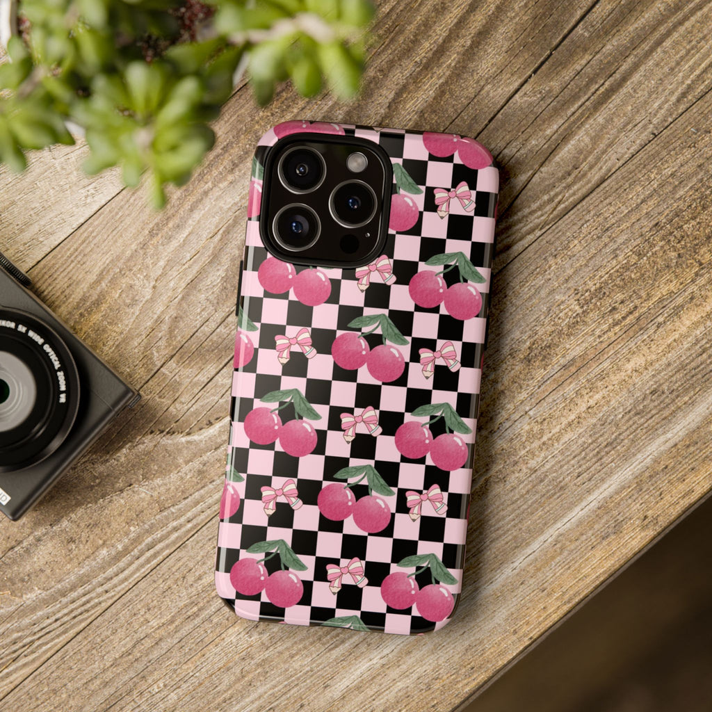 Cherry Checkered Phone Case — Pink Cherries on Black & White Checkerboard