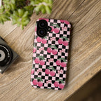 Cherry Checkered Phone Case — Pink Cherries on Black & White Checkerboard
