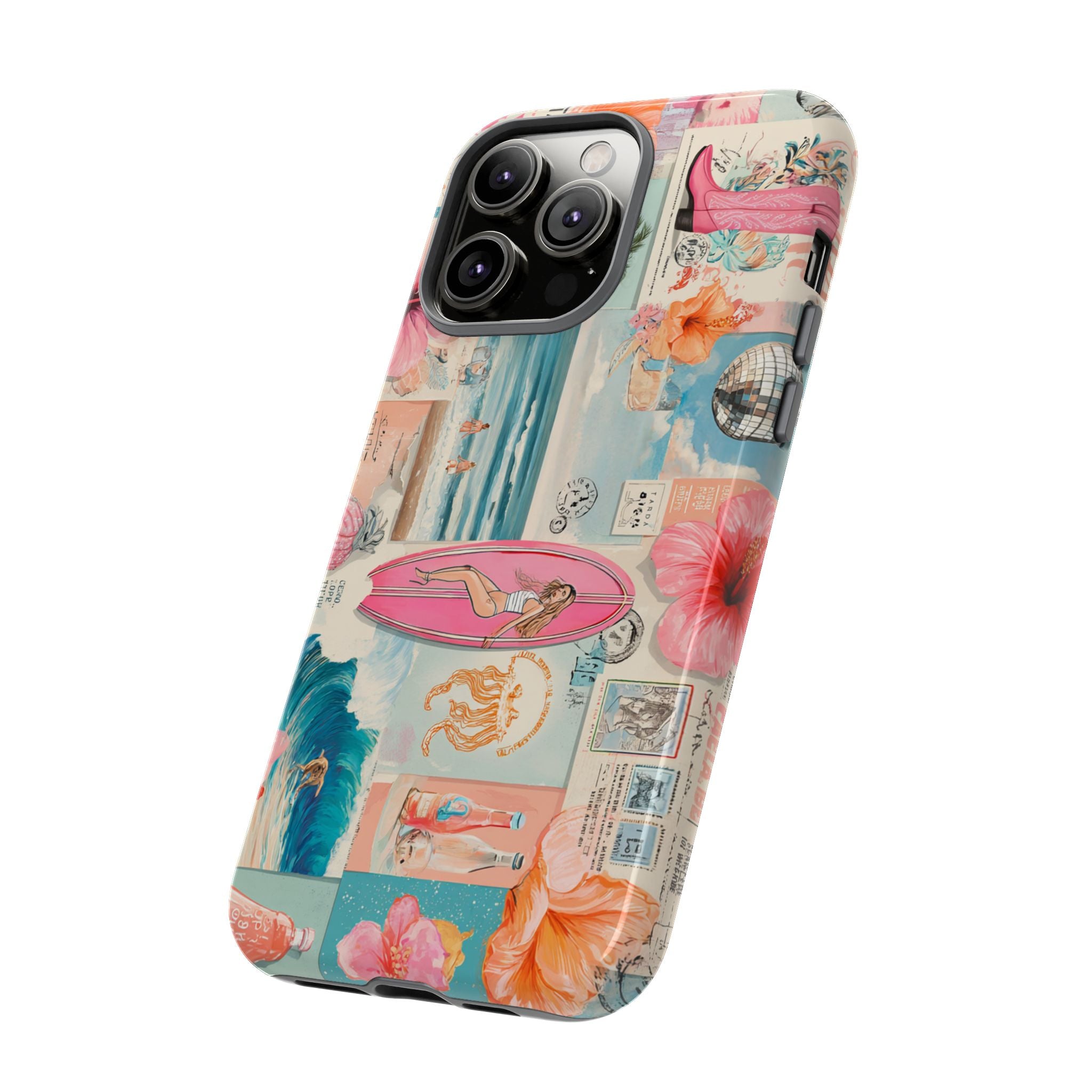 Tropical Surf Collage Phone Case — Vintage Hawaiian Floral & Surfboard Design