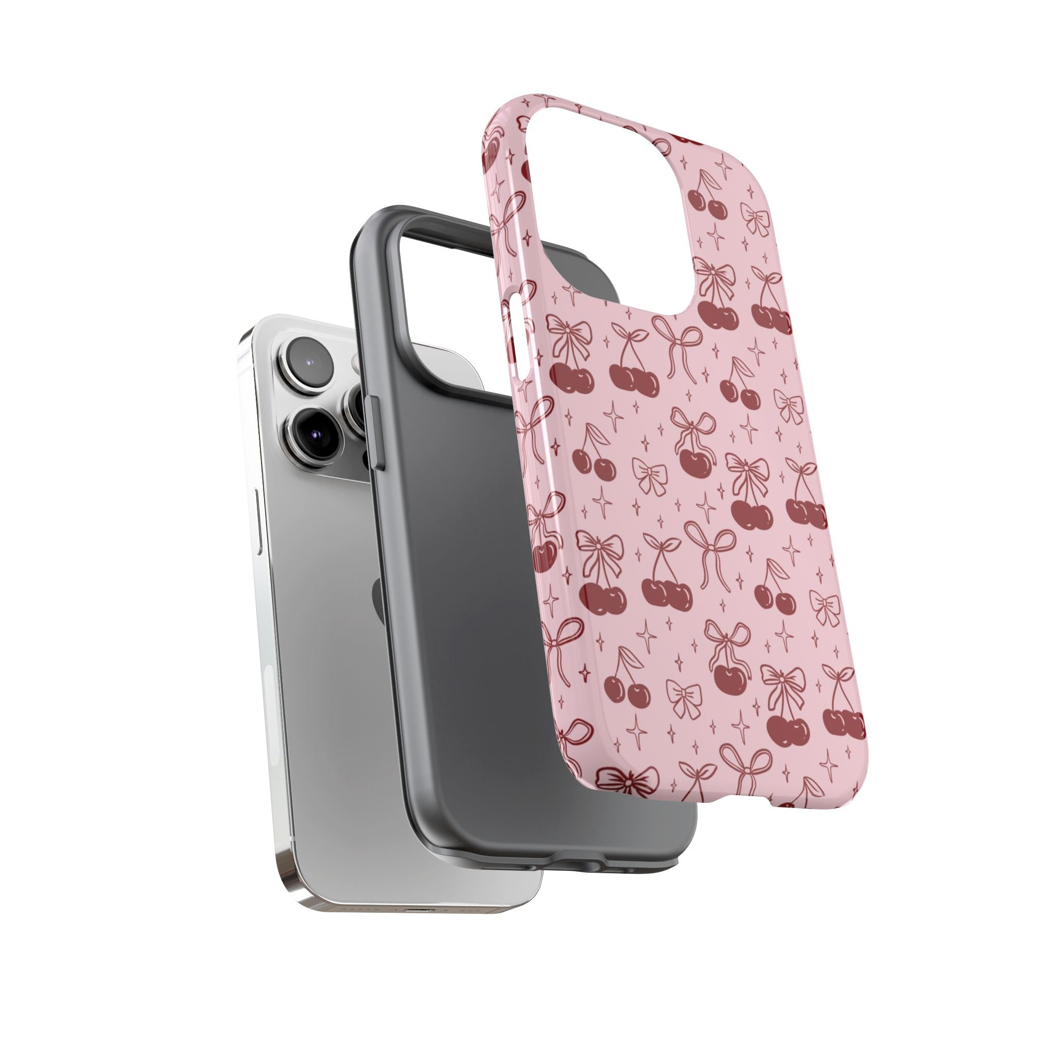 Cherry Pattern Phone Case — Cute Pink Cherries with Bows Durable Tough Case