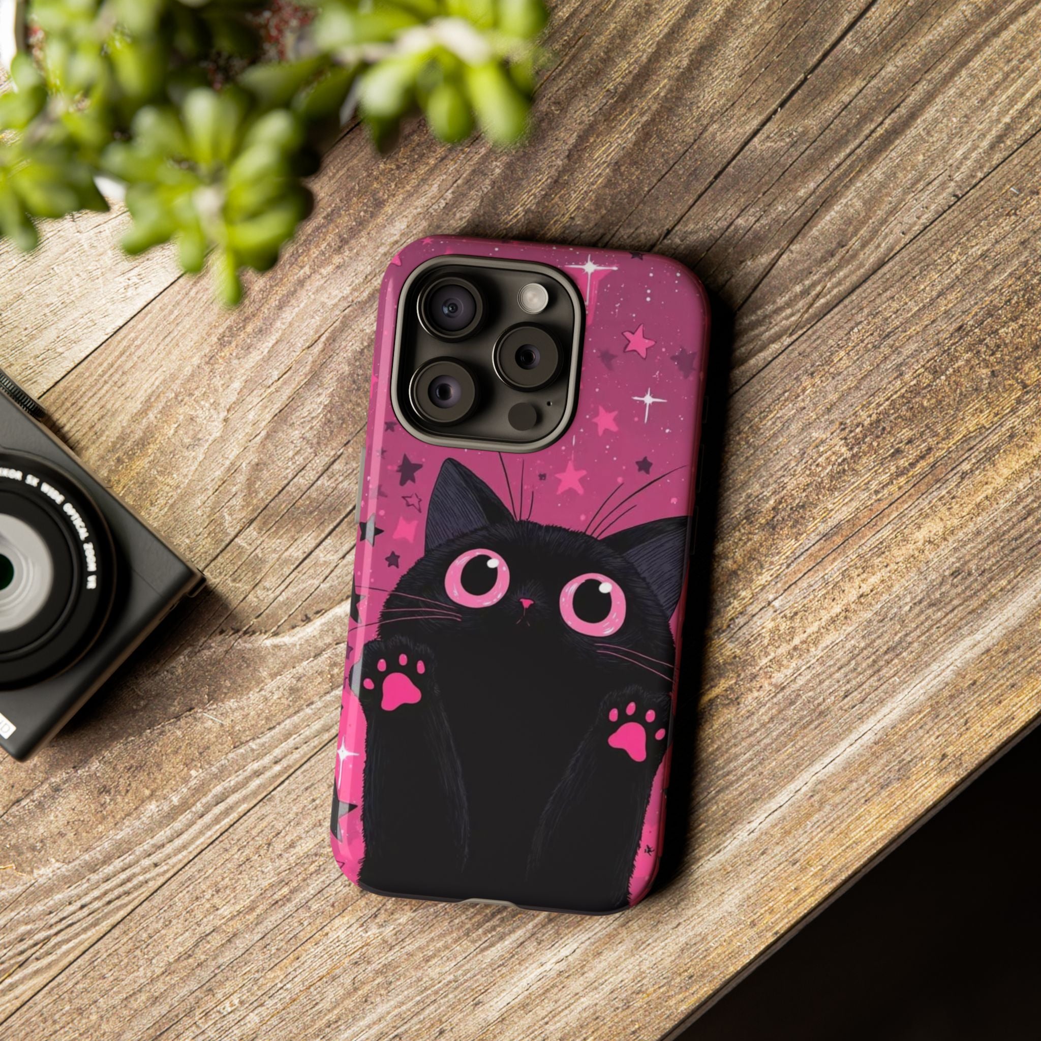 Cat Paw Pink Galaxy Phone Case — Cute Black Kitten iPhone Cover