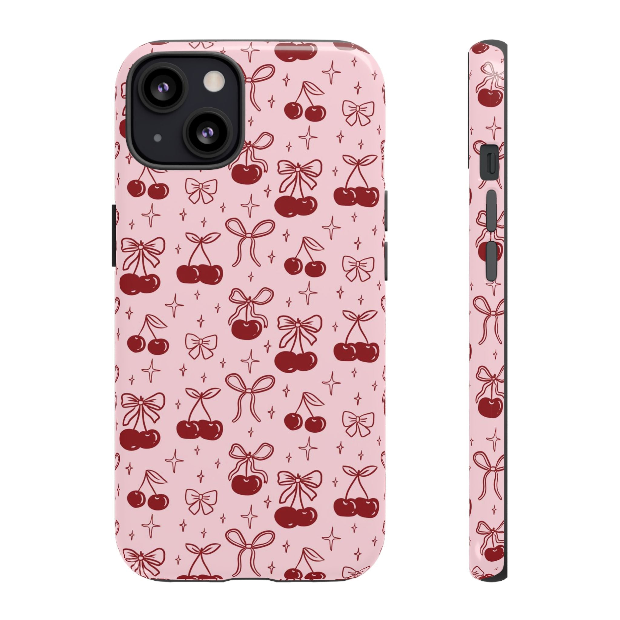 Cherry Pattern Phone Case — Cute Pink Cherries with Bows Durable Tough Case