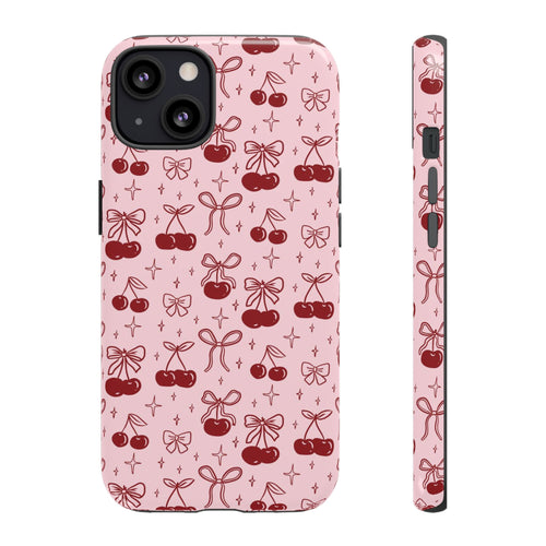 Cherry Pattern Phone Case — Cute Pink Cherries with Bows Durable Tough Case