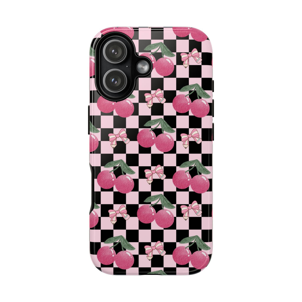 Cherry Checkered Phone Case — Pink Cherries on Black & White Checkerboard