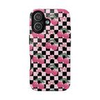 Cherry Checkered Phone Case — Pink Cherries on Black & White Checkerboard