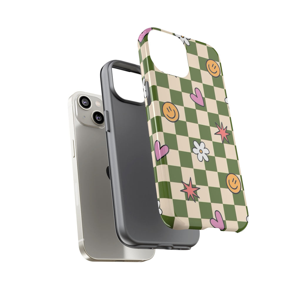 Green Checkered Floral & Smile Phone Case — Cute Heart, Daisy & Smile Pattern