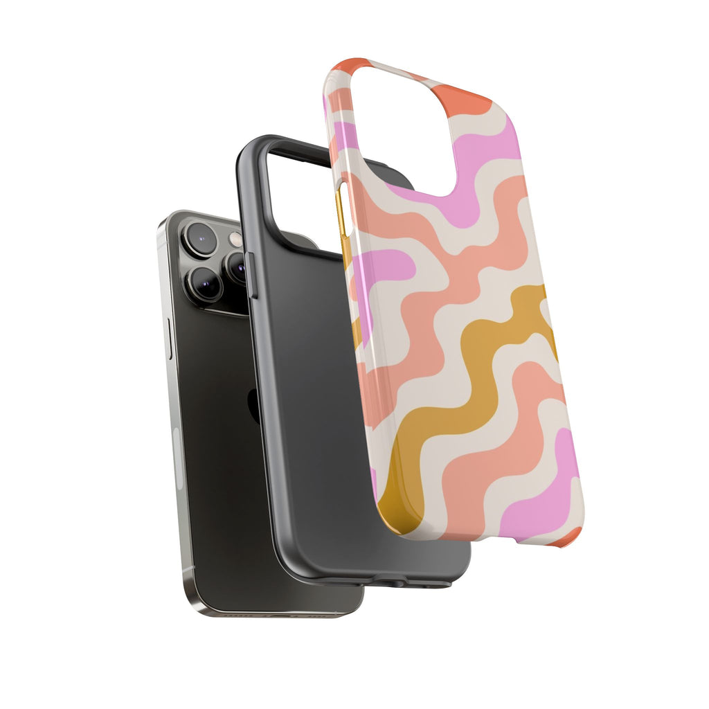 Retro Wavy Pattern Tough Phone Case — Pink, Peach & Mustard Abstract Design