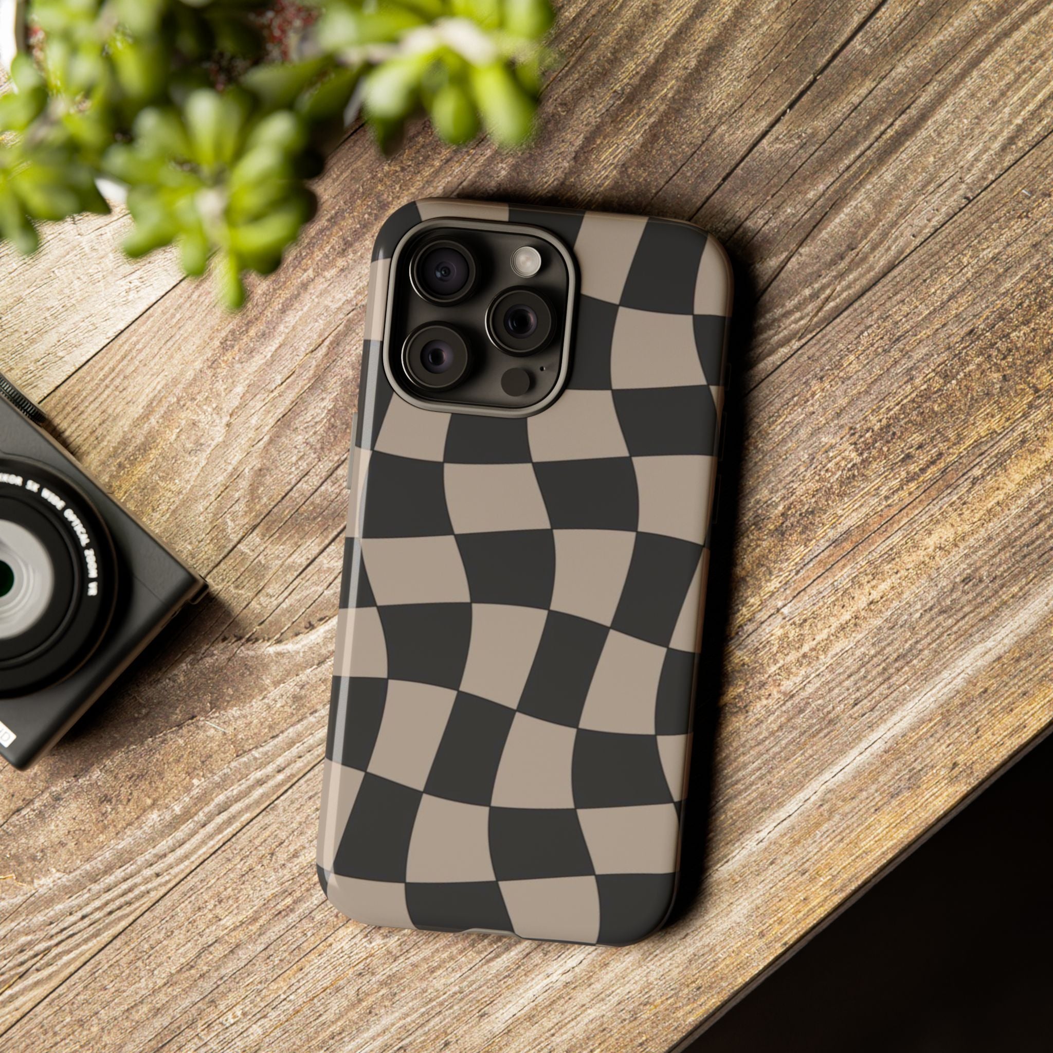 Wavy Checkerboard Phone Case — Retro Black & Beige Pattern, Durable Protective Cover