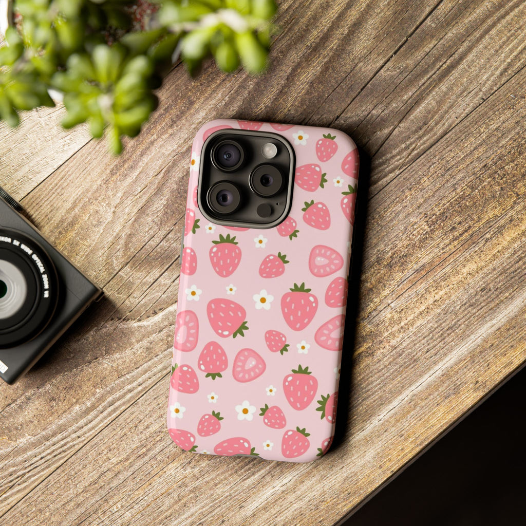 Strawberry Pattern Phone Case – Cute Pink Fruit Protective Tough Case