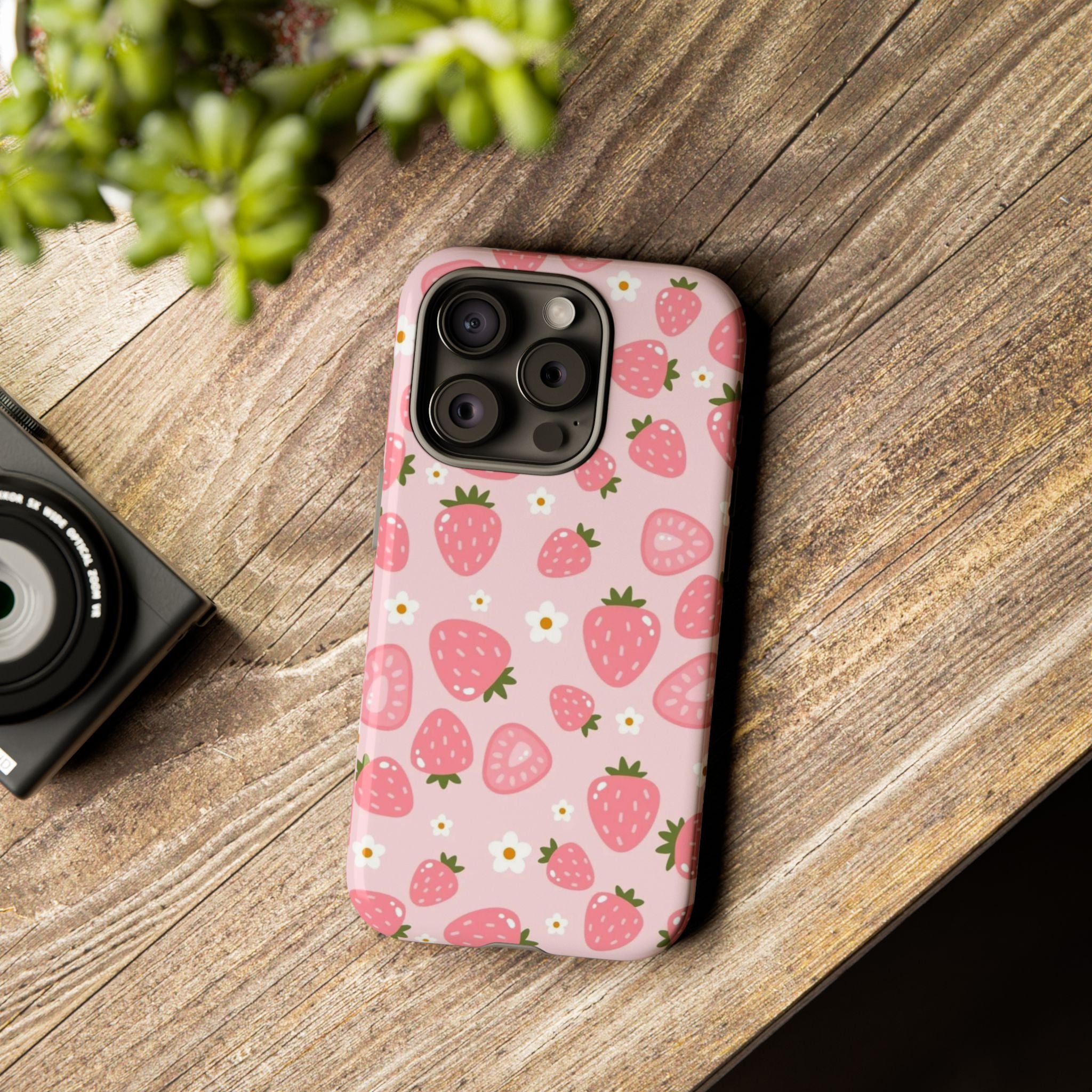 Strawberry Pattern Phone Case – Cute Pink Fruit Protective Tough Case