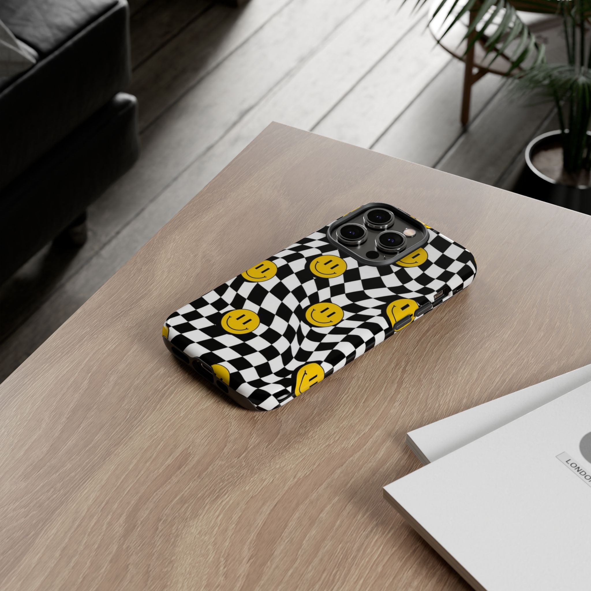 Smiley Checkerboard Tough Phone Case — Retro Wavy Black & White Design