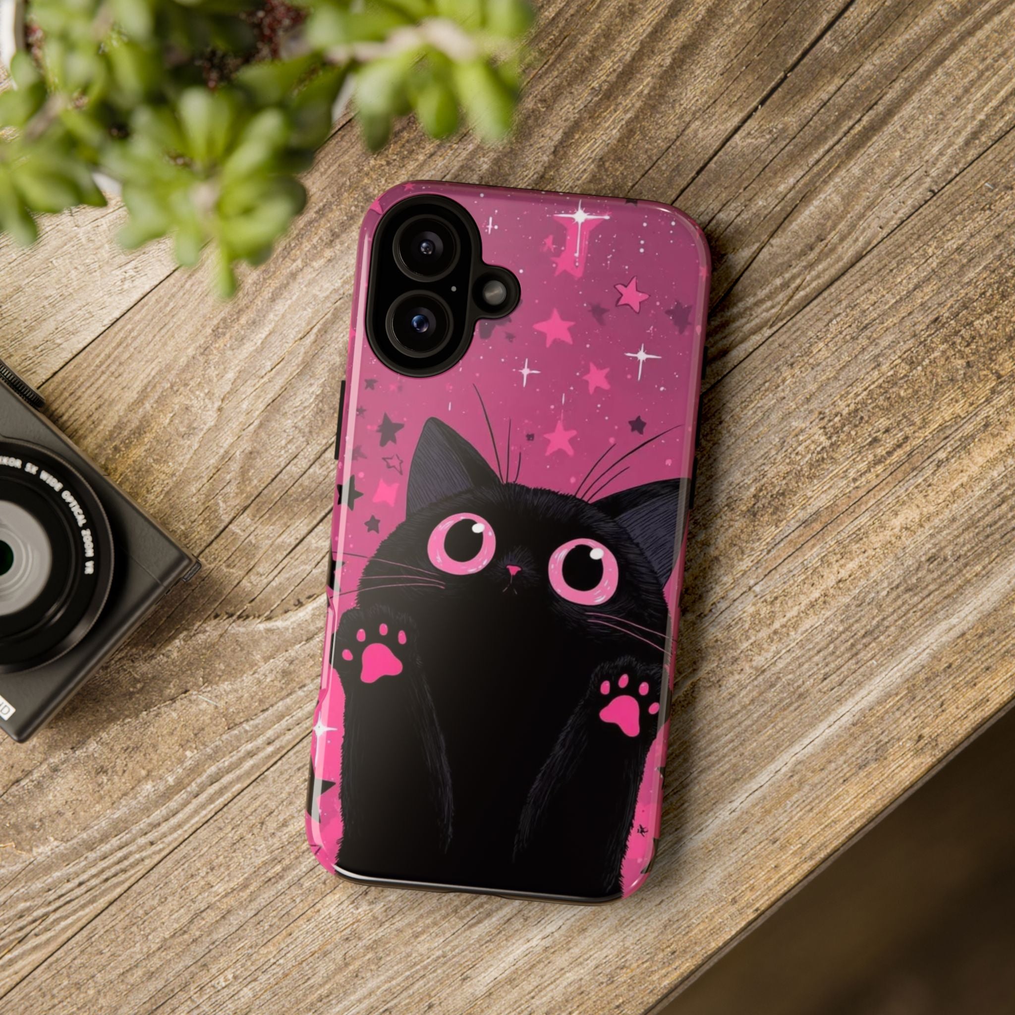 Cat Paw Pink Galaxy Phone Case — Cute Black Kitten iPhone Cover
