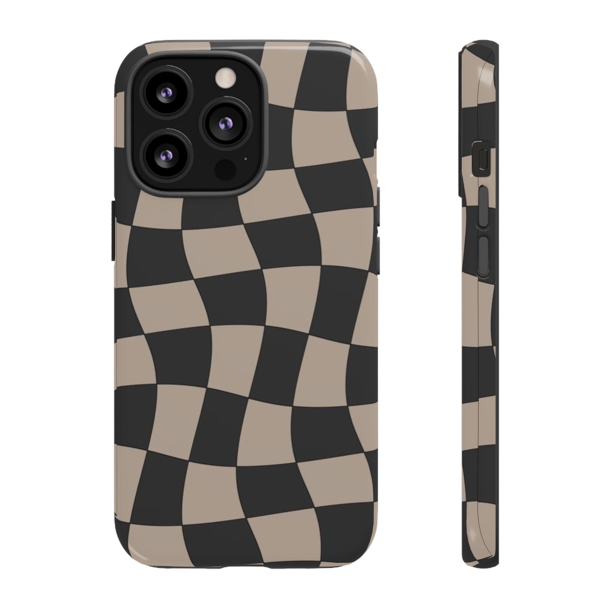Wavy Checkerboard Phone Case — Retro Black & Beige Pattern, Durable Protective Cover