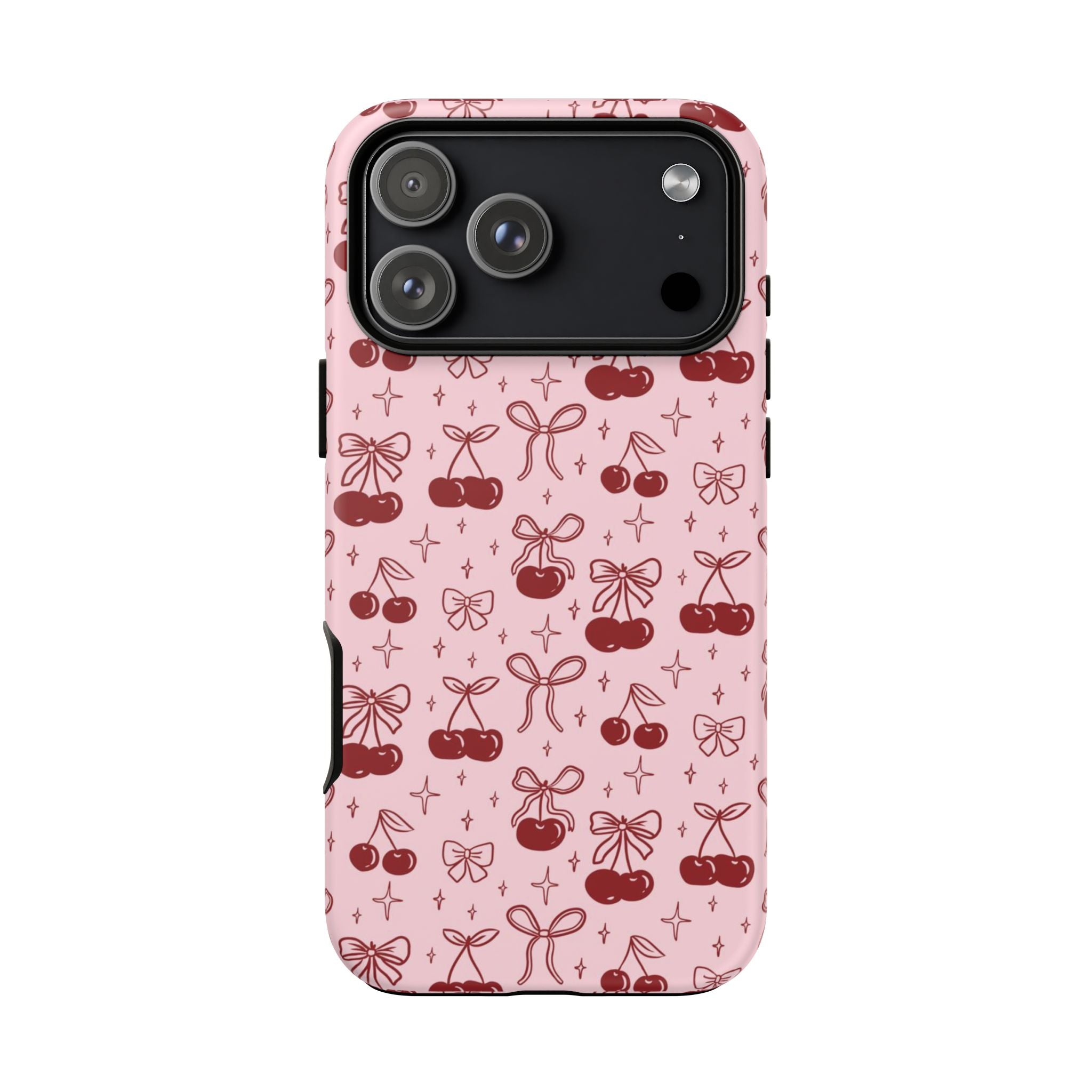 Cherry Pattern Phone Case — Cute Pink Cherries with Bows Durable Tough Case