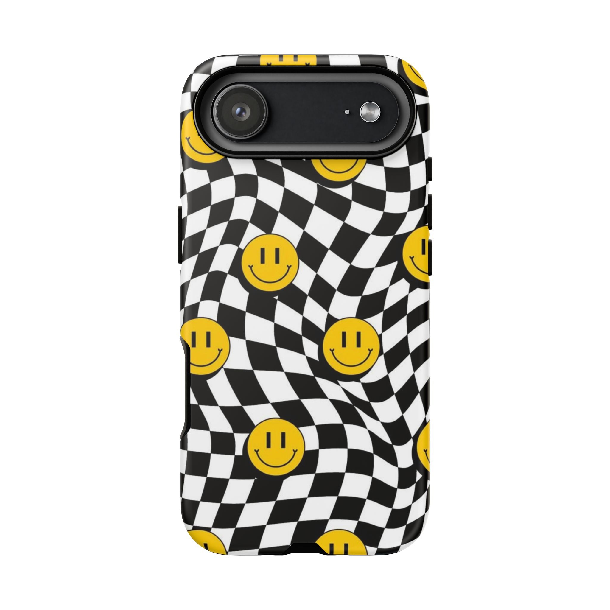 Smiley Checkerboard Tough Phone Case — Retro Wavy Black & White Design