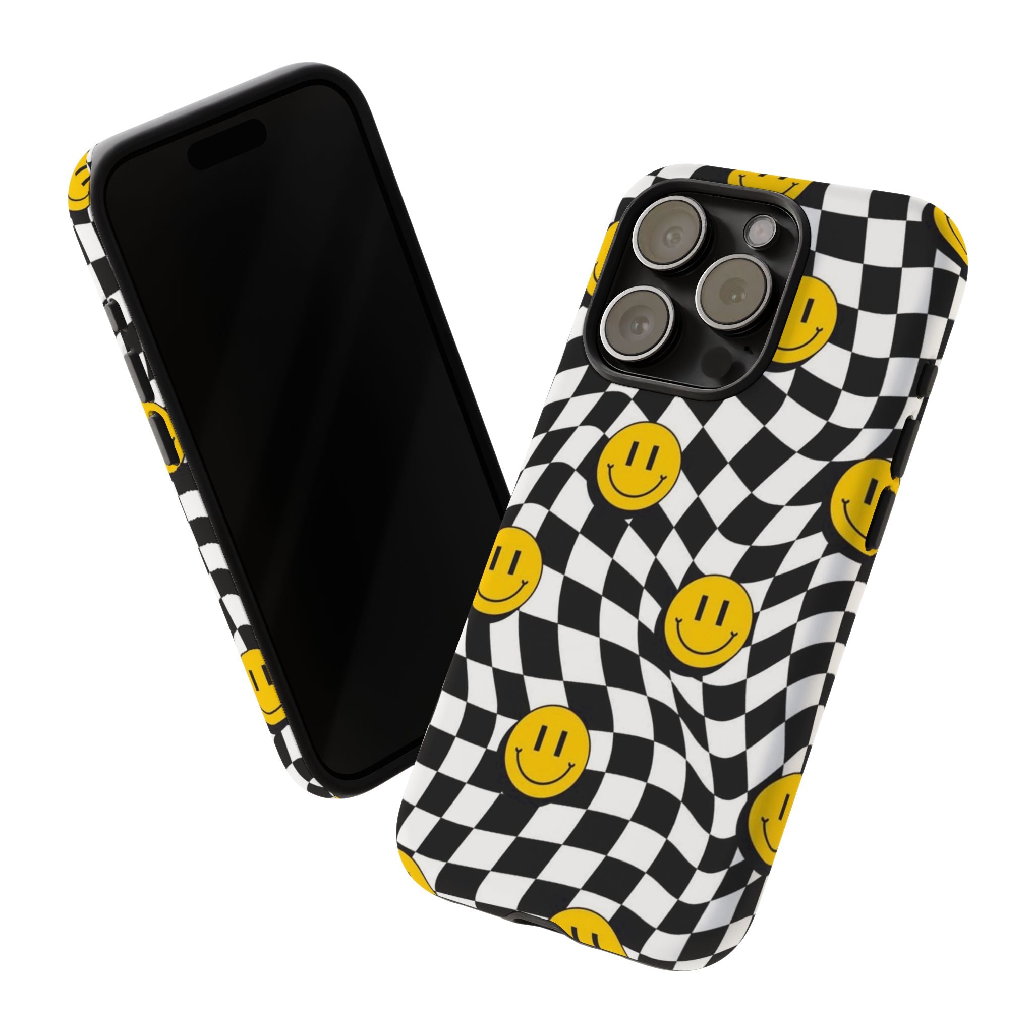 Smiley Checkerboard Tough Phone Case — Retro Wavy Black & White Design