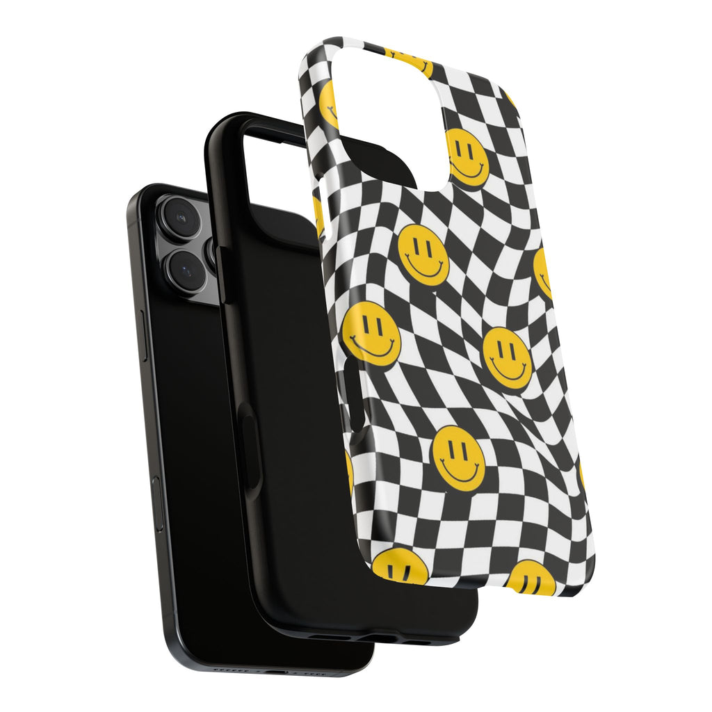 Smiley Checkerboard Tough Phone Case — Retro Wavy Black & White Design