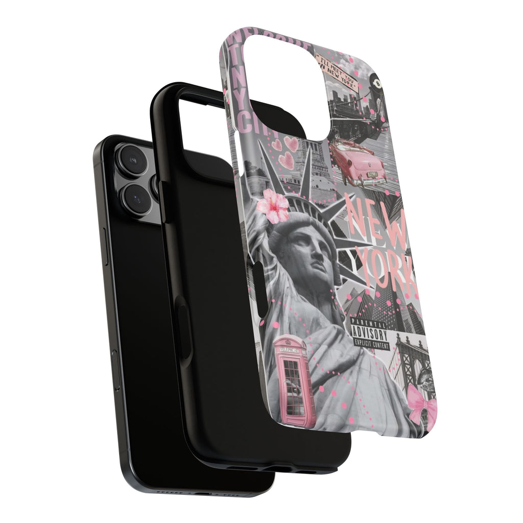 New York Collage Phone Case — Pink Retro Statue of Liberty Design