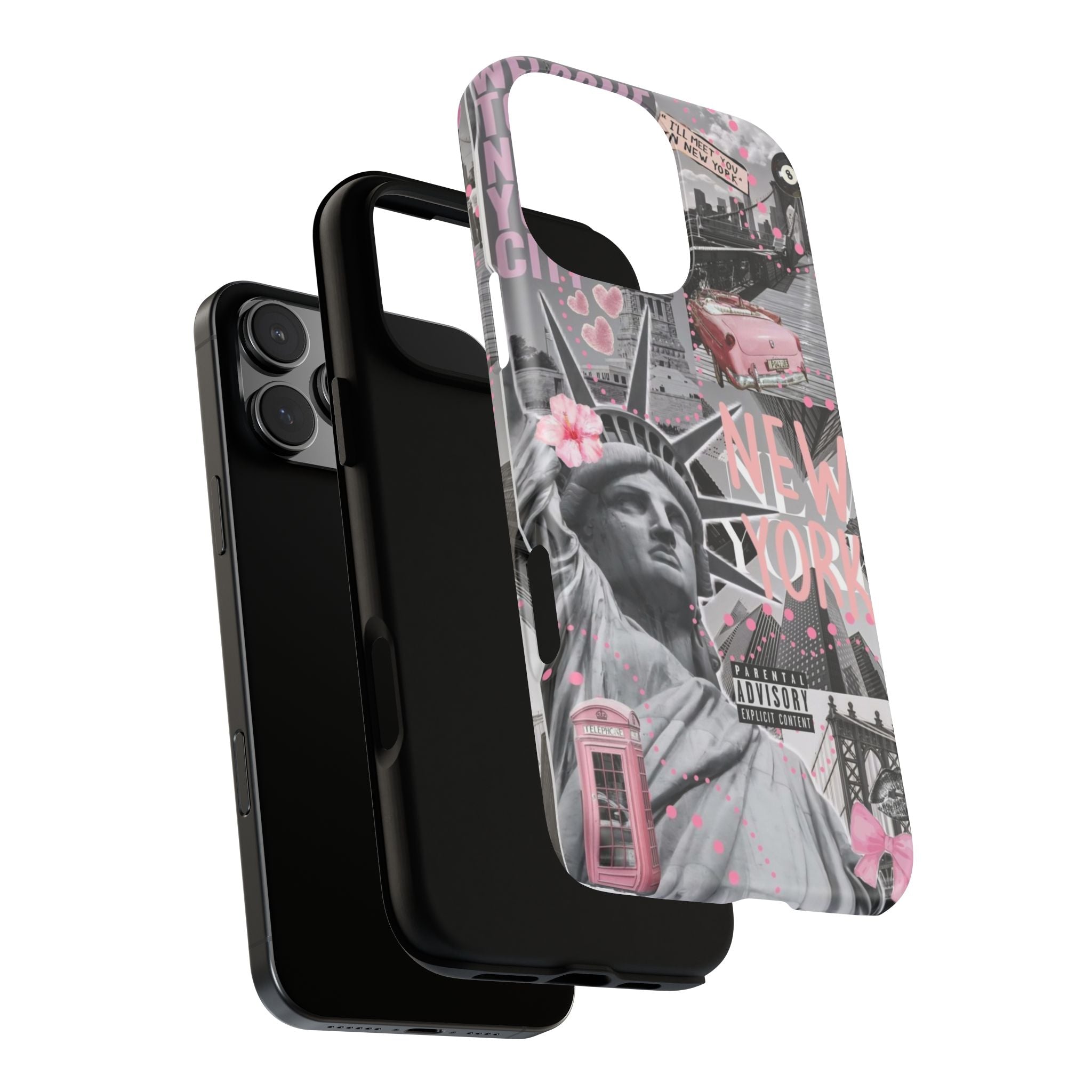 New York Collage Phone Case — Pink Retro Statue of Liberty Design