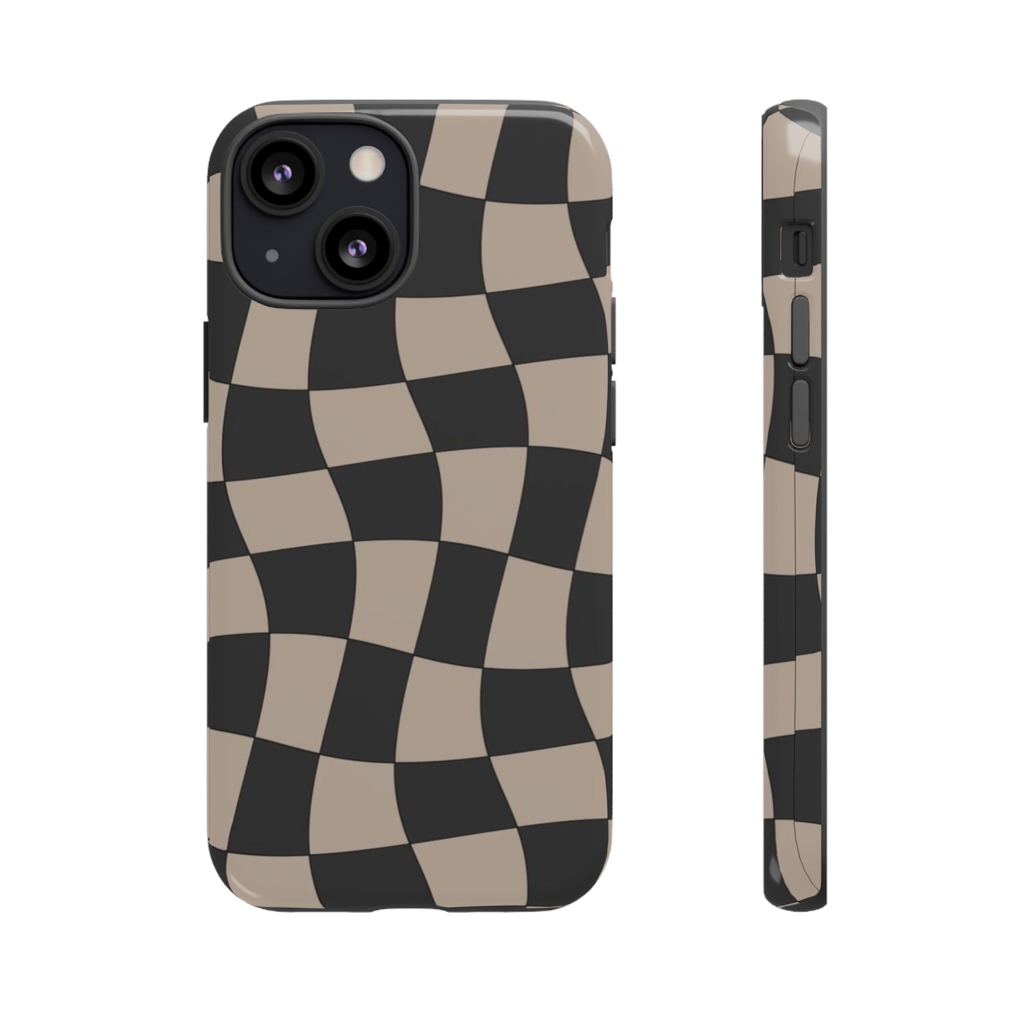 Wavy Checkerboard Phone Case — Retro Black & Beige Pattern, Durable Protective Cover