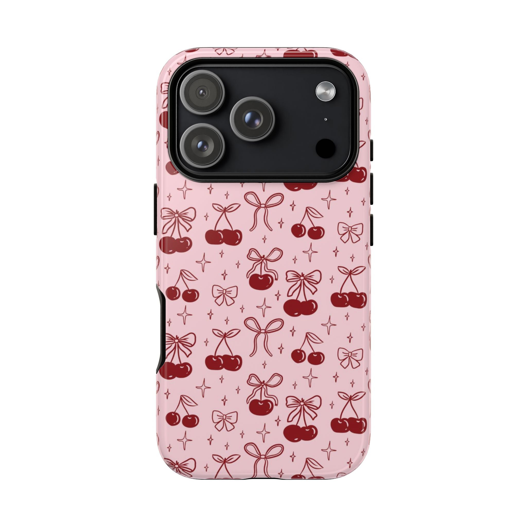 Cherry Pattern Phone Case — Cute Pink Cherries with Bows Durable Tough Case