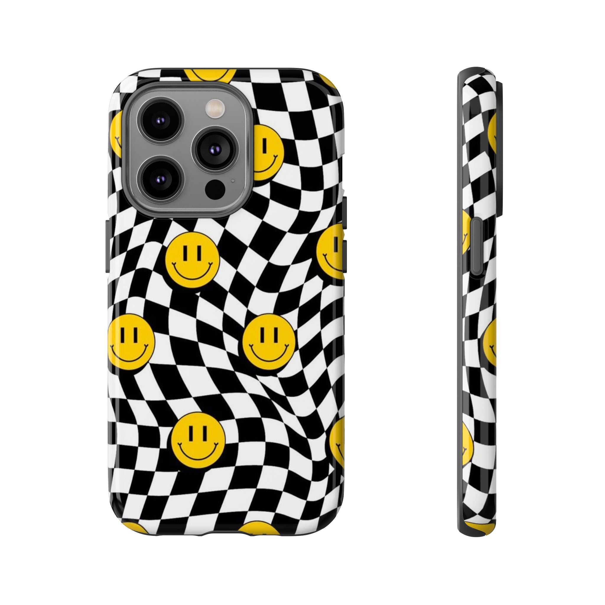 Smiley Checkerboard Tough Phone Case — Retro Wavy Black & White Design