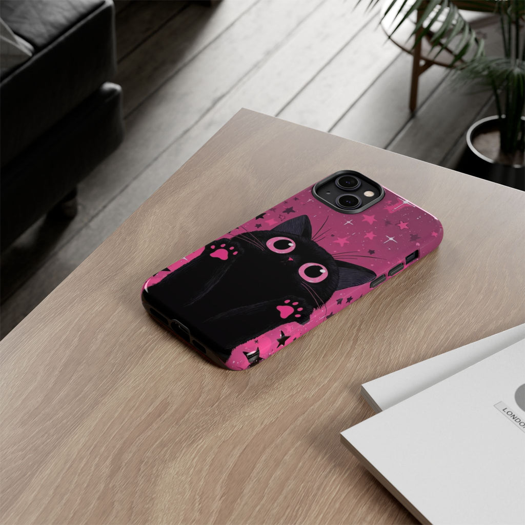 Cat Paw Pink Galaxy Phone Case — Cute Black Kitten iPhone Cover