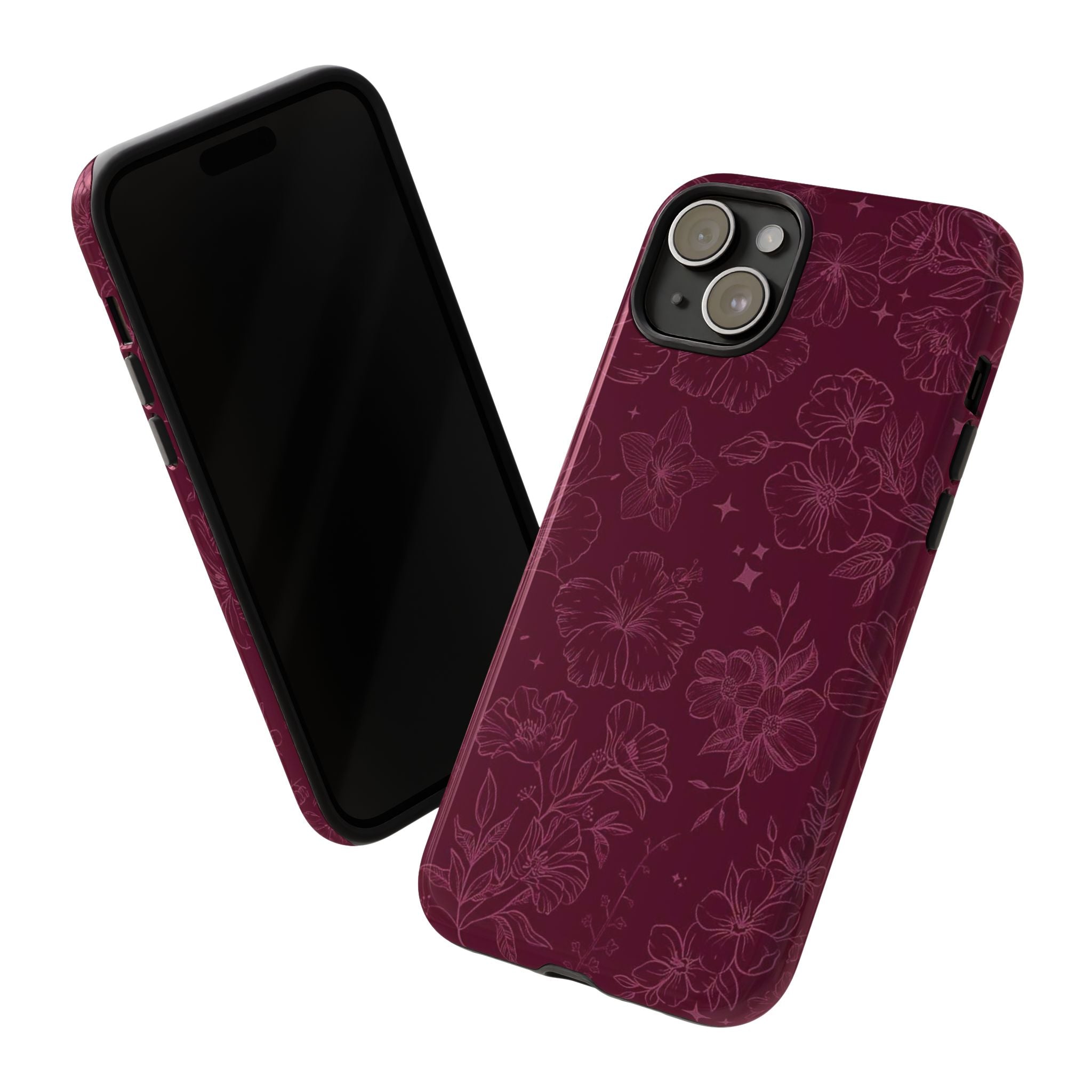 Burgundy Floral Tough Phone Case — Protective Hibiscus Pattern