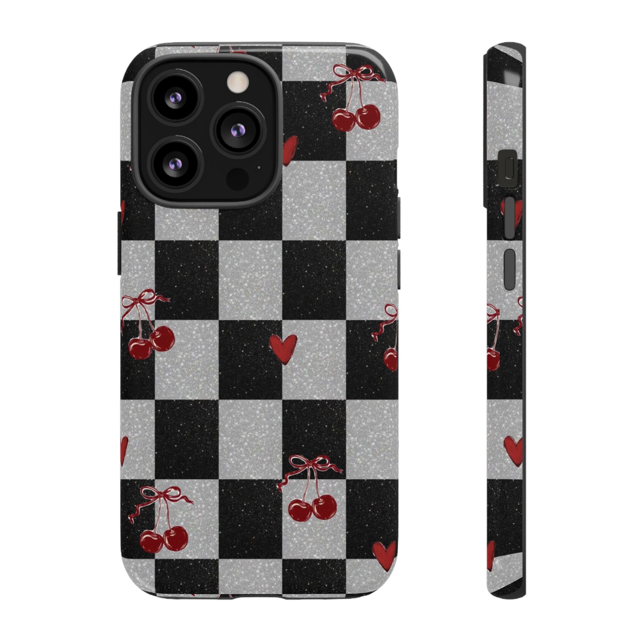 Cherry Checker Phone Case — Retro Black & White Plaid with Red Hearts