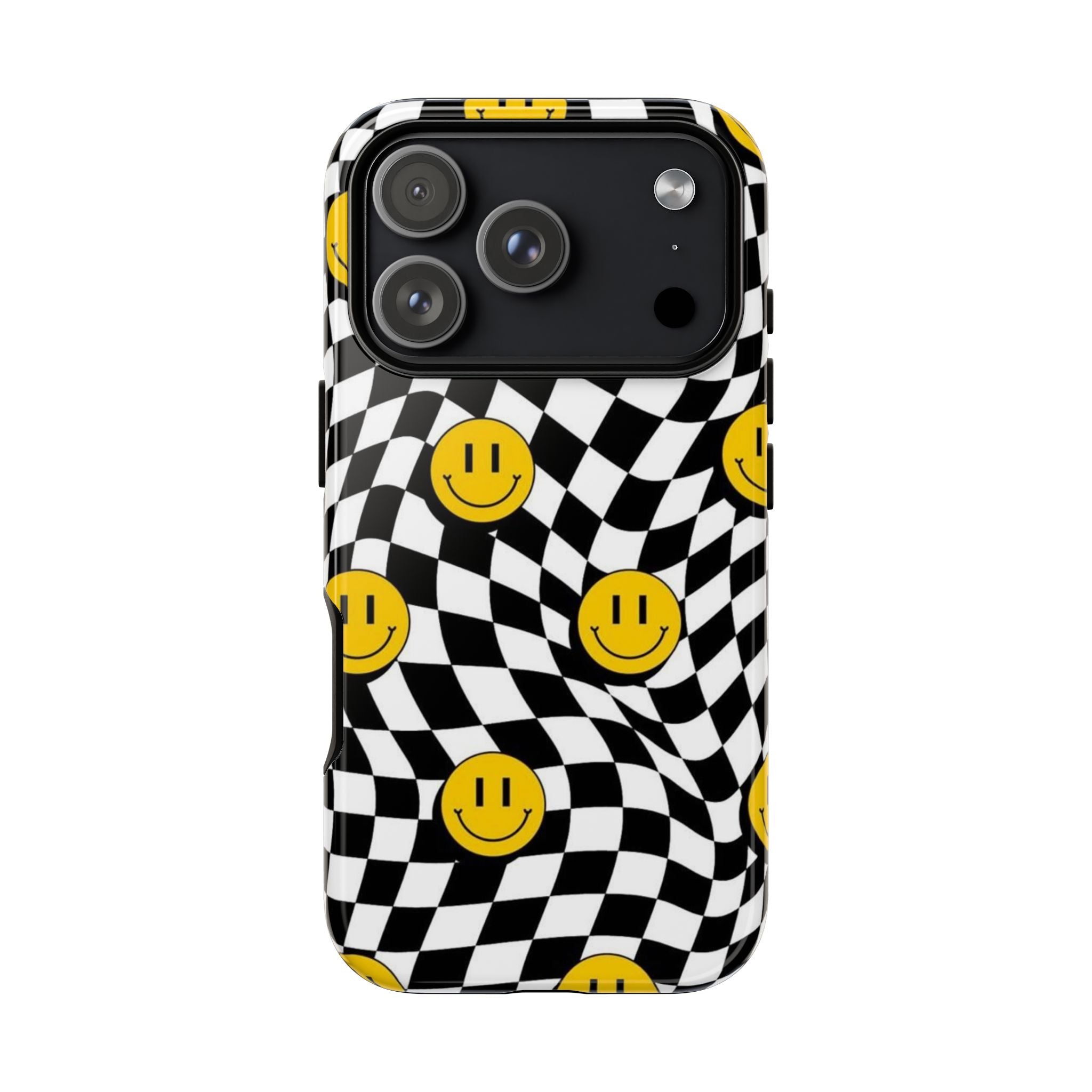 Smiley Checkerboard Tough Phone Case — Retro Wavy Black & White Design