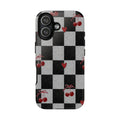 Cherry Checker Phone Case — Retro Black & White Plaid with Red Hearts