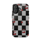 Cherry Checker Phone Case — Retro Black & White Plaid with Red Hearts
