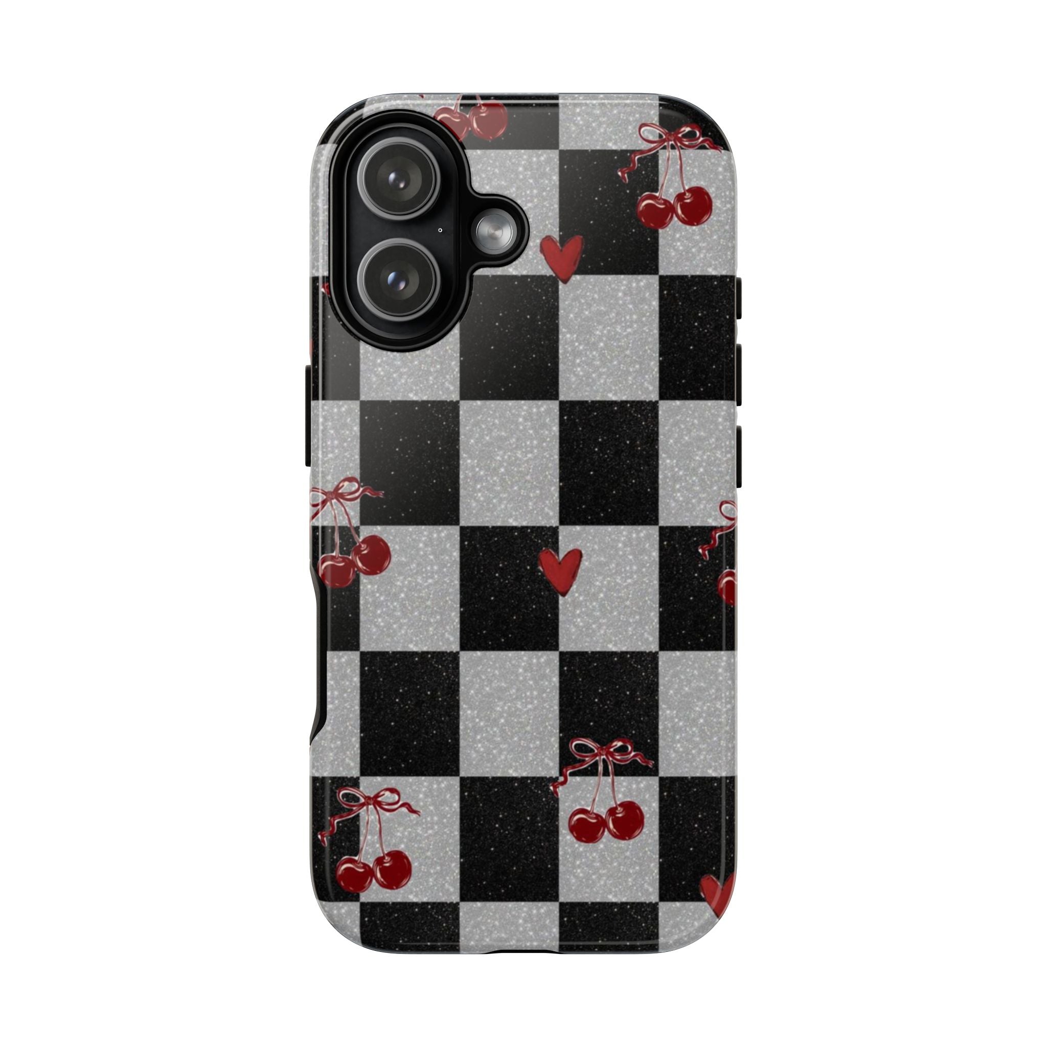 Cherry Checker Phone Case — Retro Black & White Plaid with Red Hearts