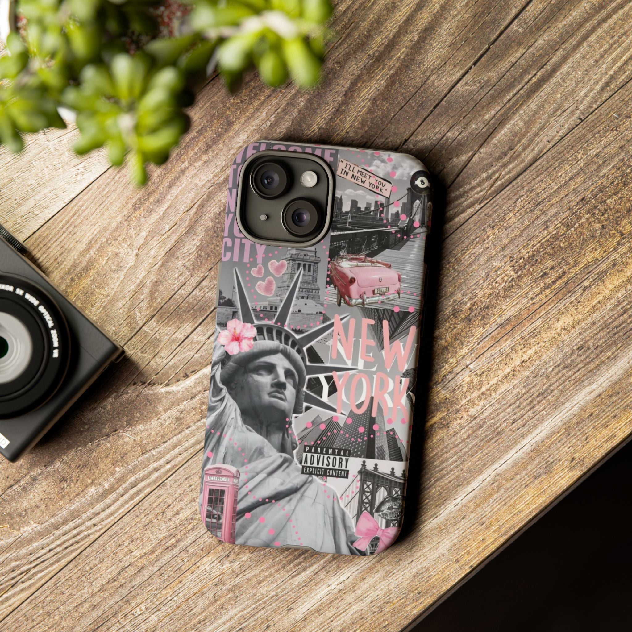 New York Collage Phone Case — Pink Retro Statue of Liberty Design