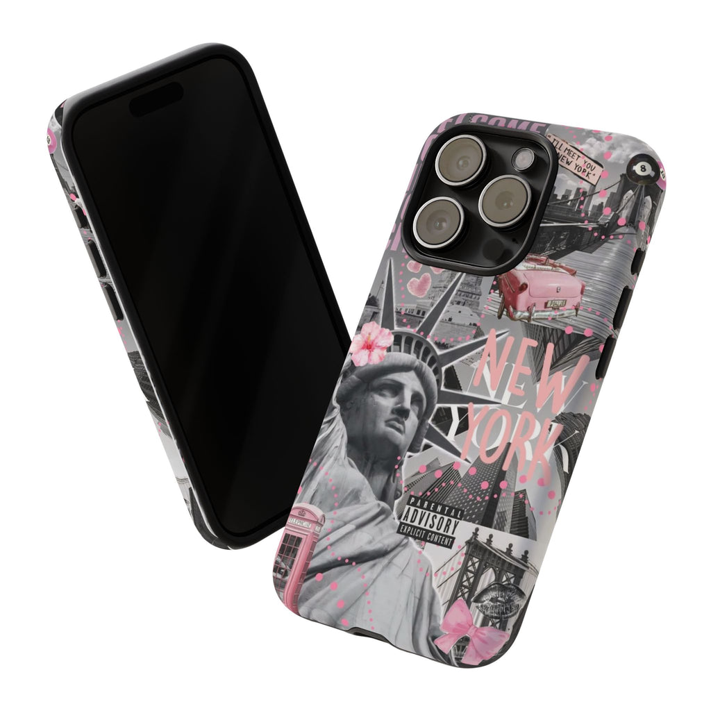 New York Collage Phone Case — Pink Retro Statue of Liberty Design
