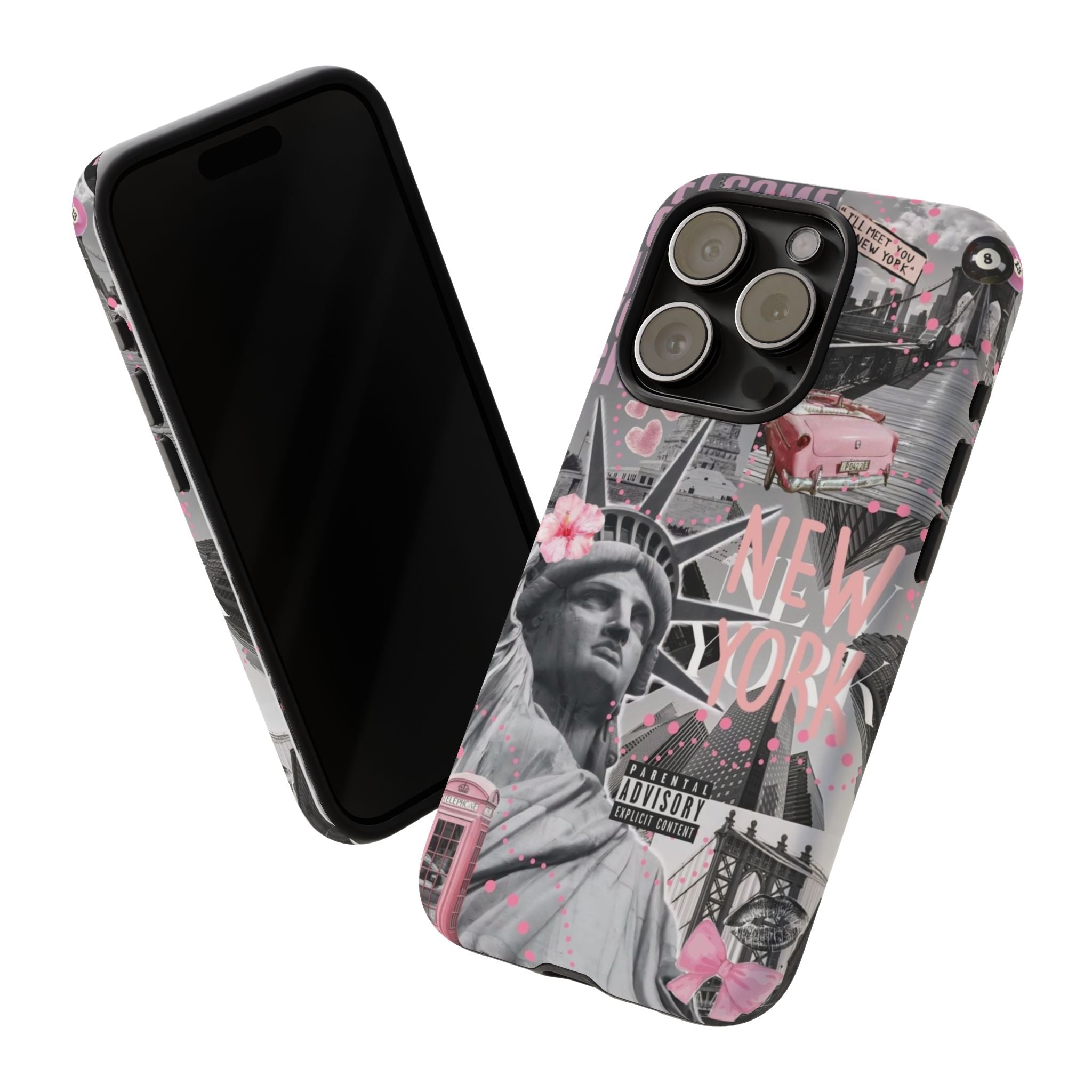 New York Collage Phone Case — Pink Retro Statue of Liberty Design