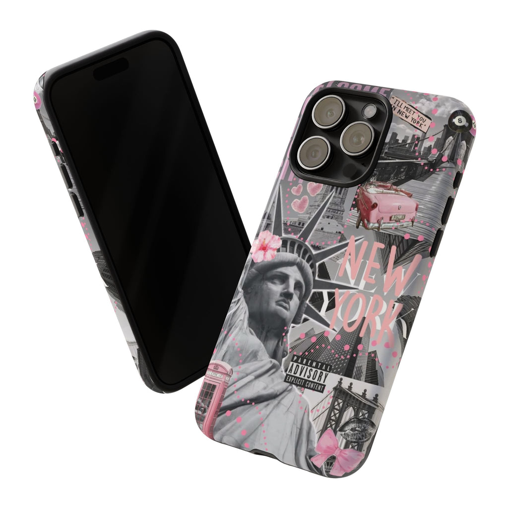 New York Collage Phone Case — Pink Retro Statue of Liberty Design