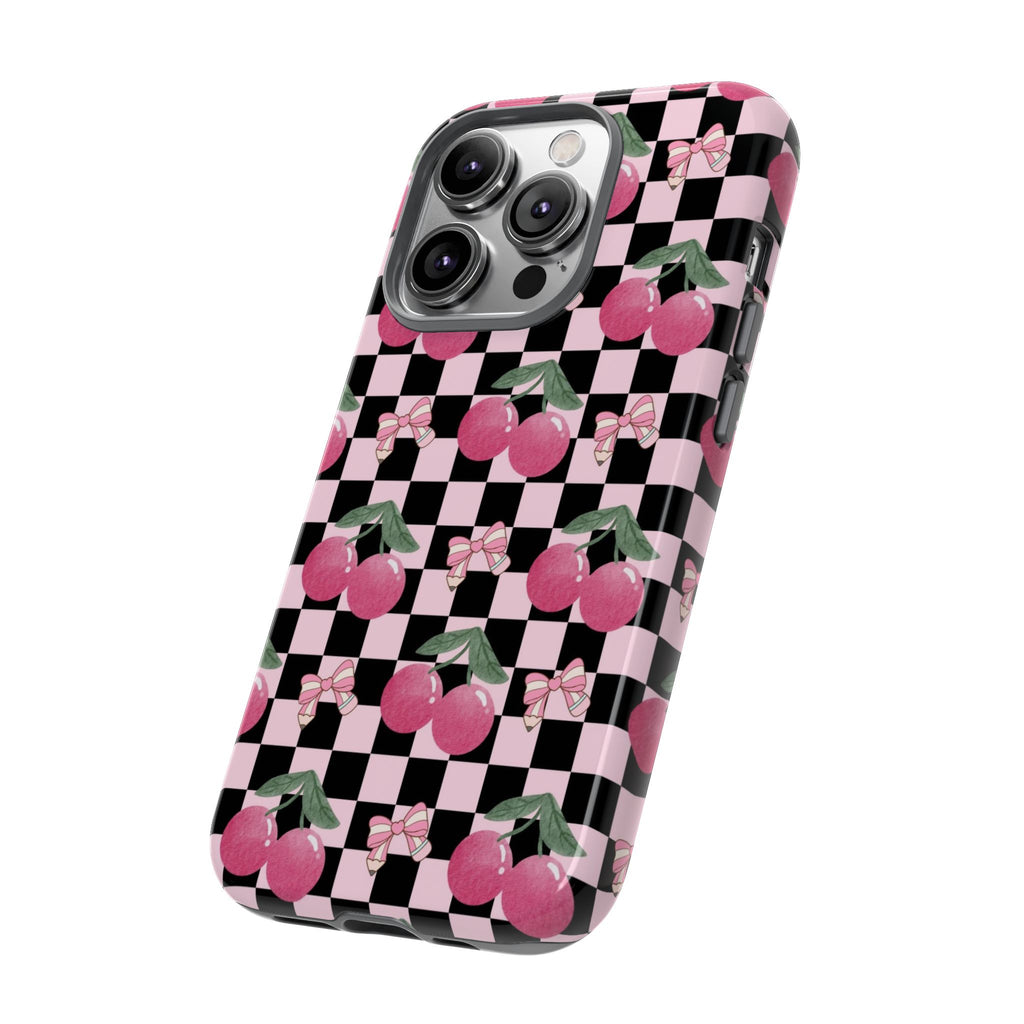 Cherry Checkered Phone Case — Pink Cherries on Black & White Checkerboard