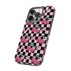 Cherry Checkered Phone Case — Pink Cherries on Black & White Checkerboard